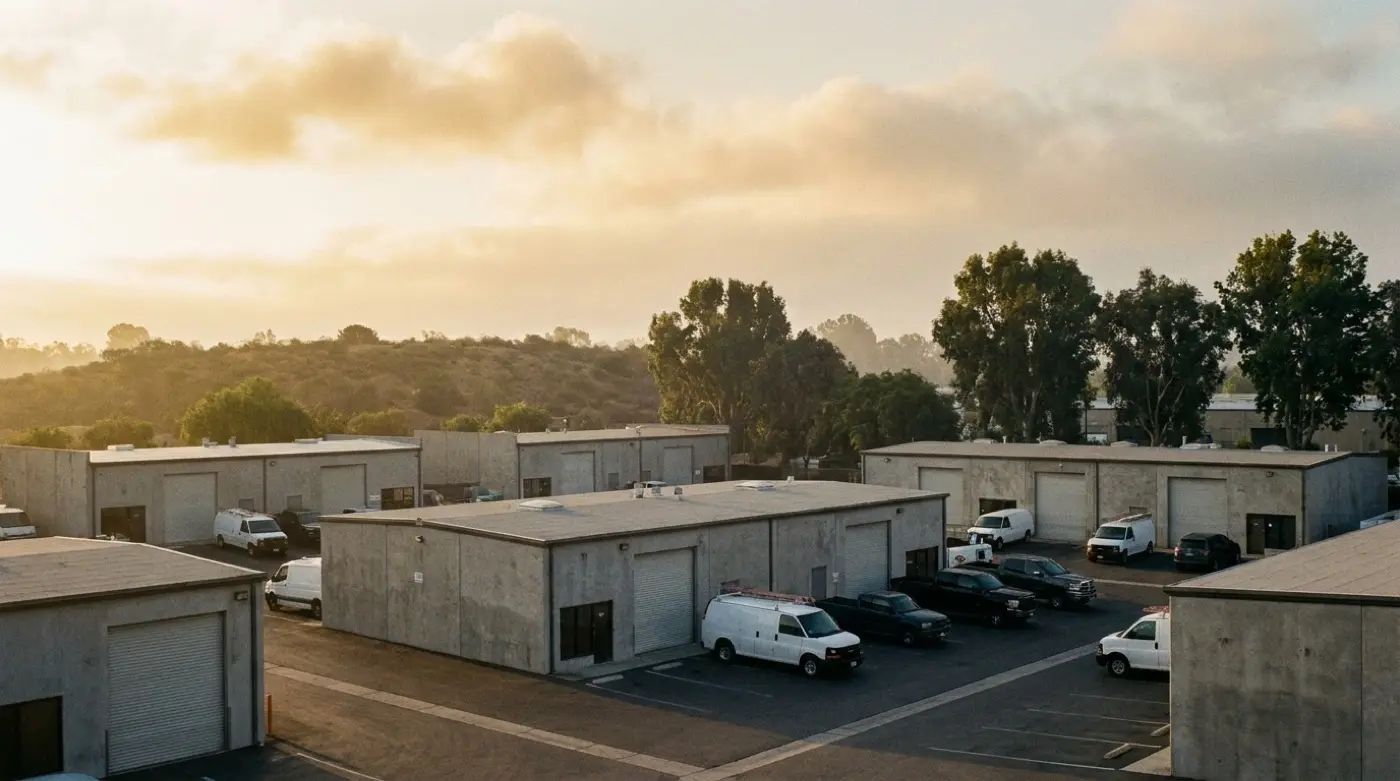 Small workshop units and work vans in a business park at sunrise